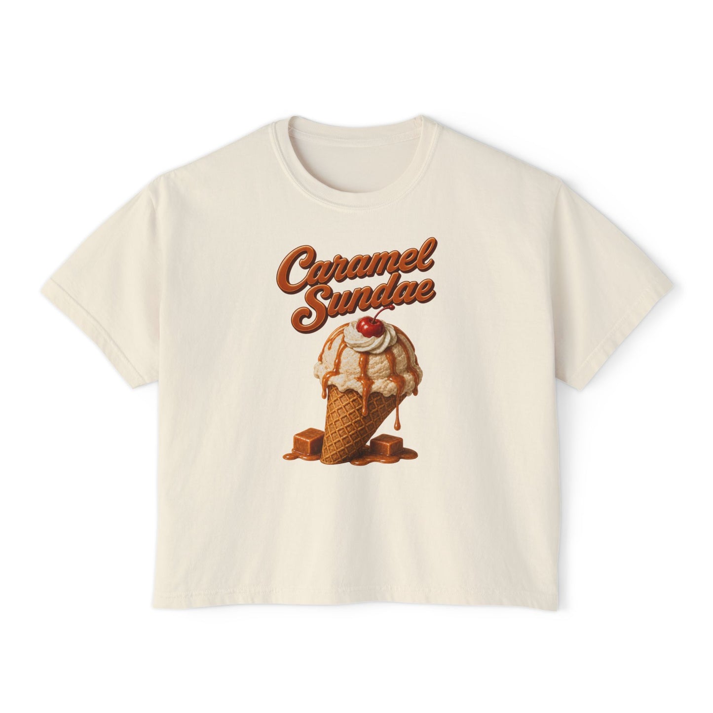 Caramel Sundae Women's Boxy Tee — Retro Ice Cream Graphic Shirt