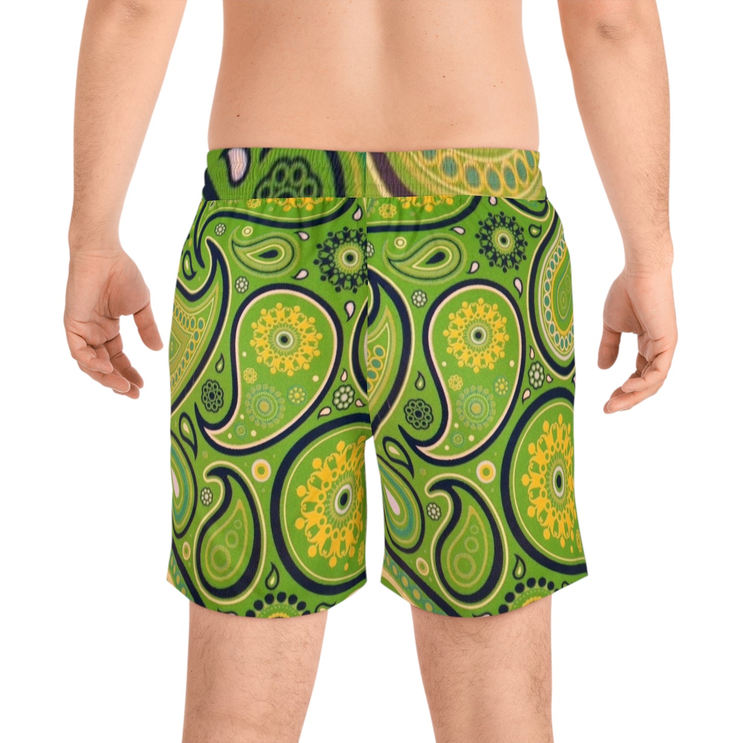 Green Yellow Black Paisley Print Swim Trunks