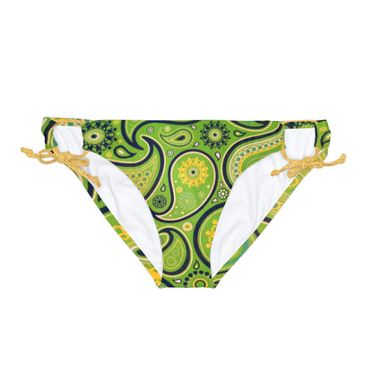 Green Yellow Black Paisley Print Loop Tie Side Bikini Bottom