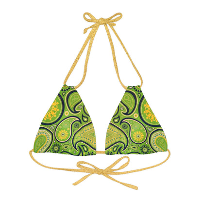 Green Yellow Black Paisley Print Strappy Triangle Bikini Top