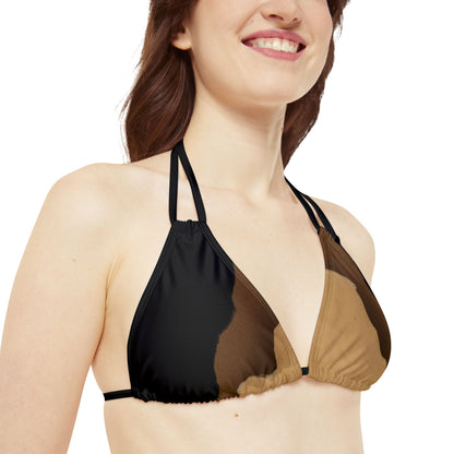 Khaki Brown Black Abstract Print Strappy Triangle Bikini Top