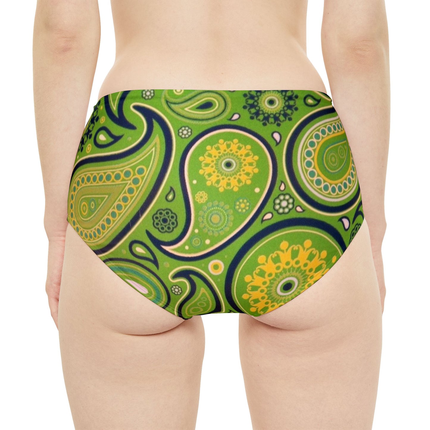 Green Yellow Black Paisley Print High-Waist Hipster Bikini Bottom