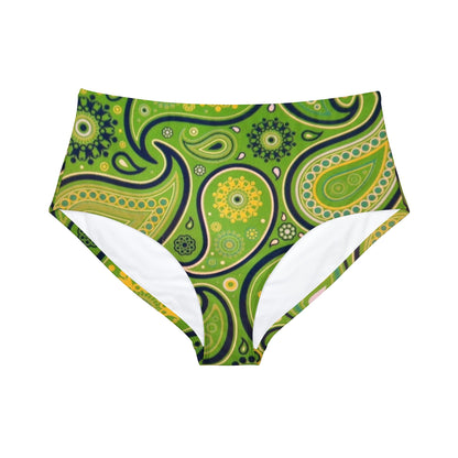 Green Yellow Black Paisley Print High-Waist Hipster Bikini Bottom