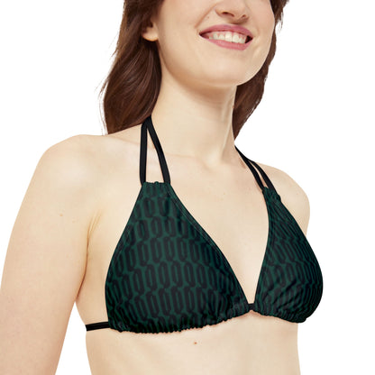 Green Black Link Print Strappy Triangle Bikini Top