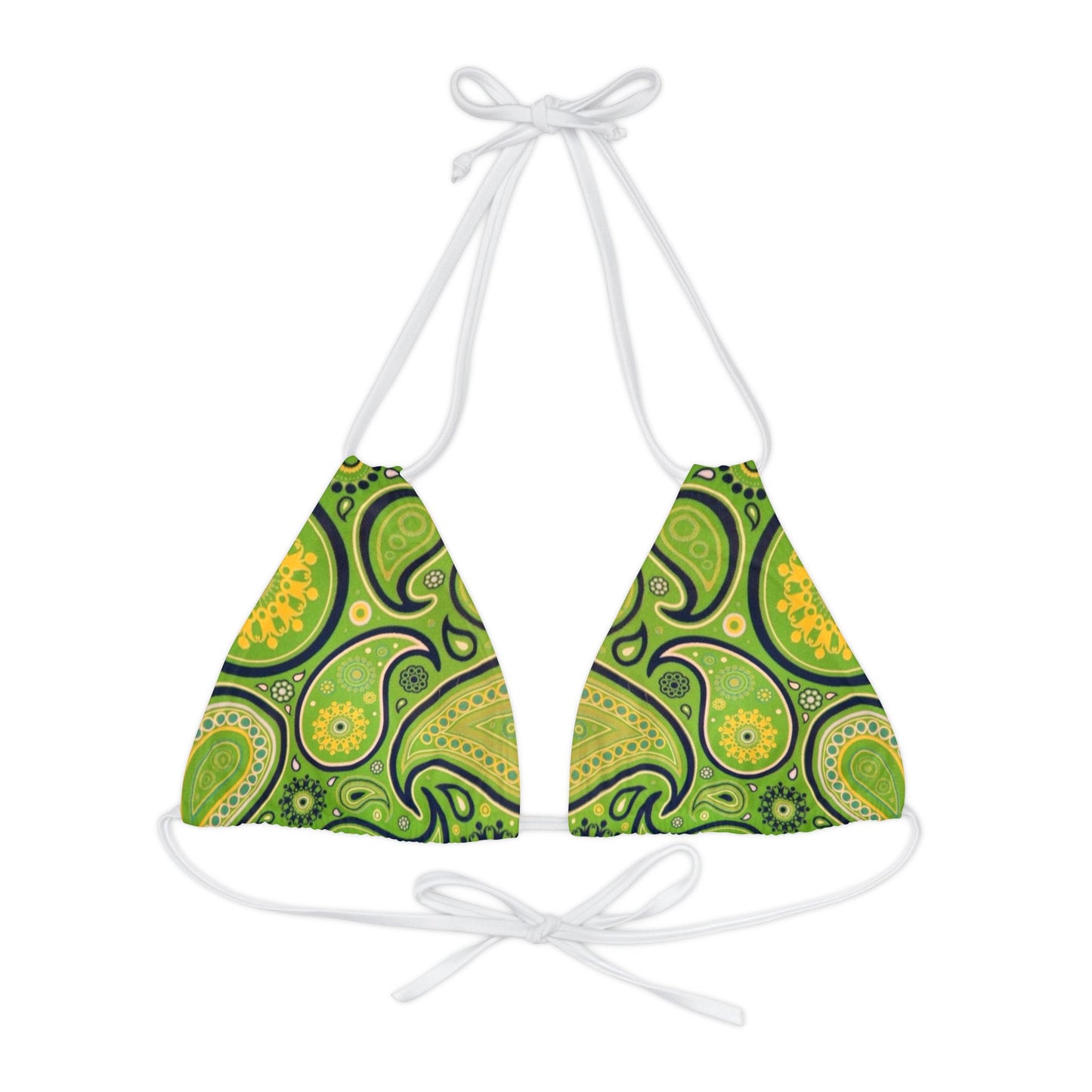 Green Yellow Black Paisley Print Strappy Triangle Bikini Top