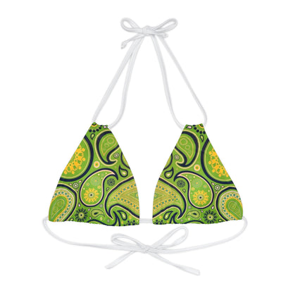 Green Yellow Black Paisley Print Strappy Triangle Bikini Top