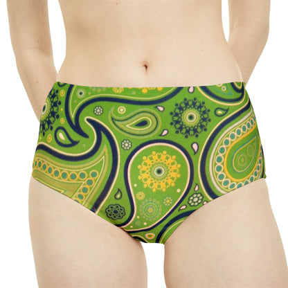 Green Yellow Black Paisley Print High-Waist Hipster Bikini Bottom