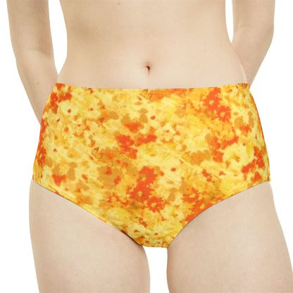 Yellow and Orange Print High-Waist Hipster Bikini Bottom