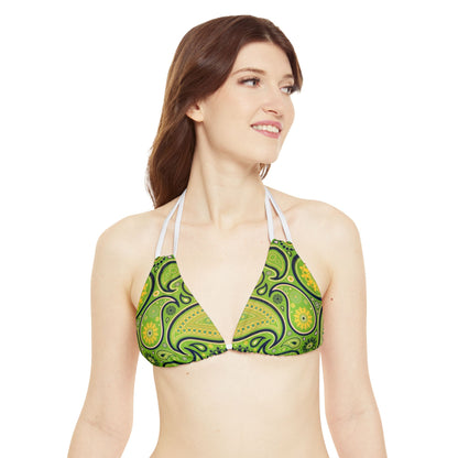 Green Yellow Black Paisley Print Strappy Triangle Bikini Top