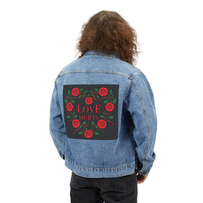 Love Hurts Men's Denim Jacket with Love Floral Heart Design