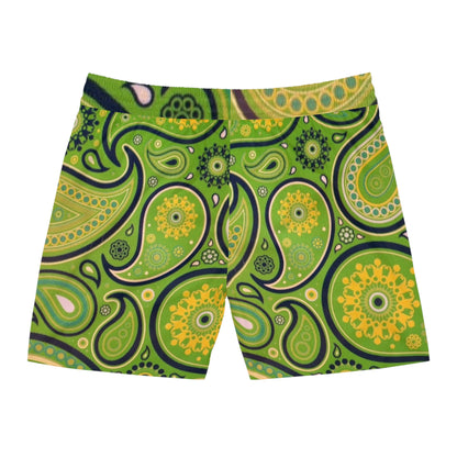 Green Yellow Black Paisley Print Swim Trunks