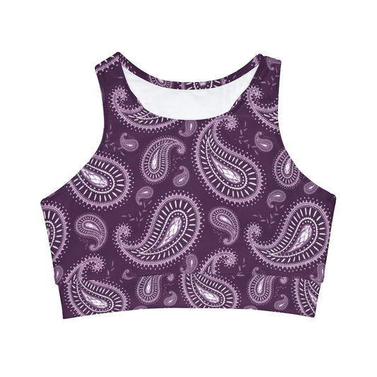 Purple Paisley Print High Neck Crop Purple Paisley Bikini Top