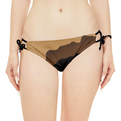 Khaki Brown Black Abstract Print Loop Tie Side Bikini Bottom