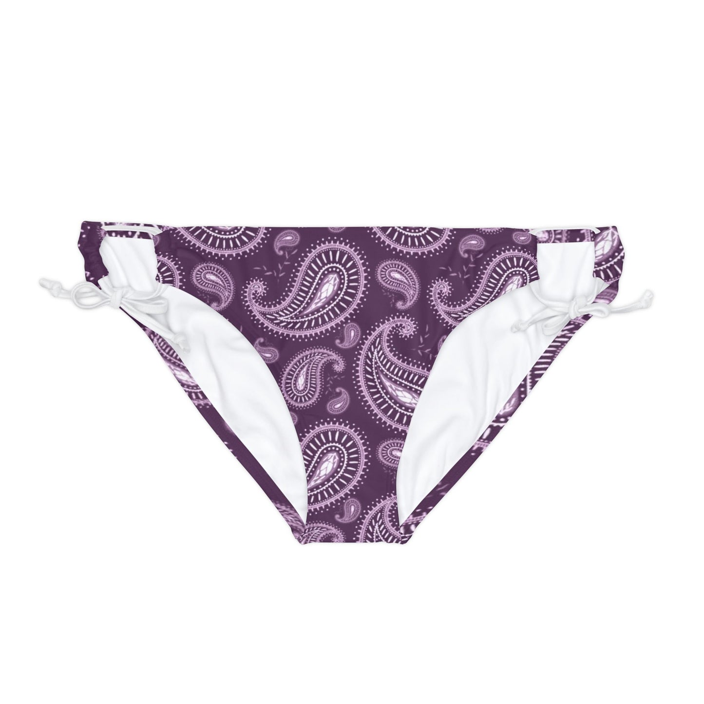 Purple Paisley Print Loop Tie Side Bikini Bottom