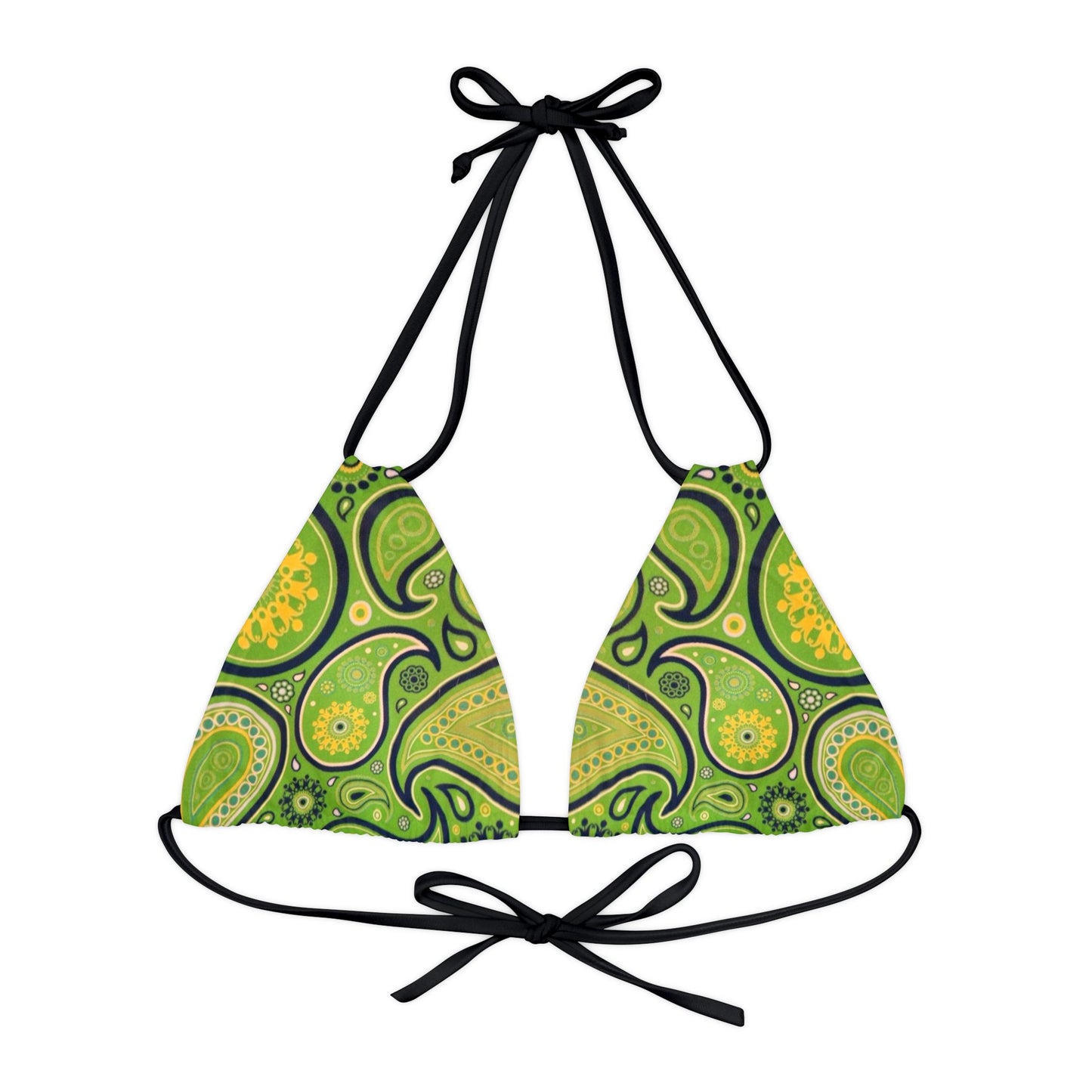 Green Yellow Black Paisley Print Strappy Triangle Bikini Top