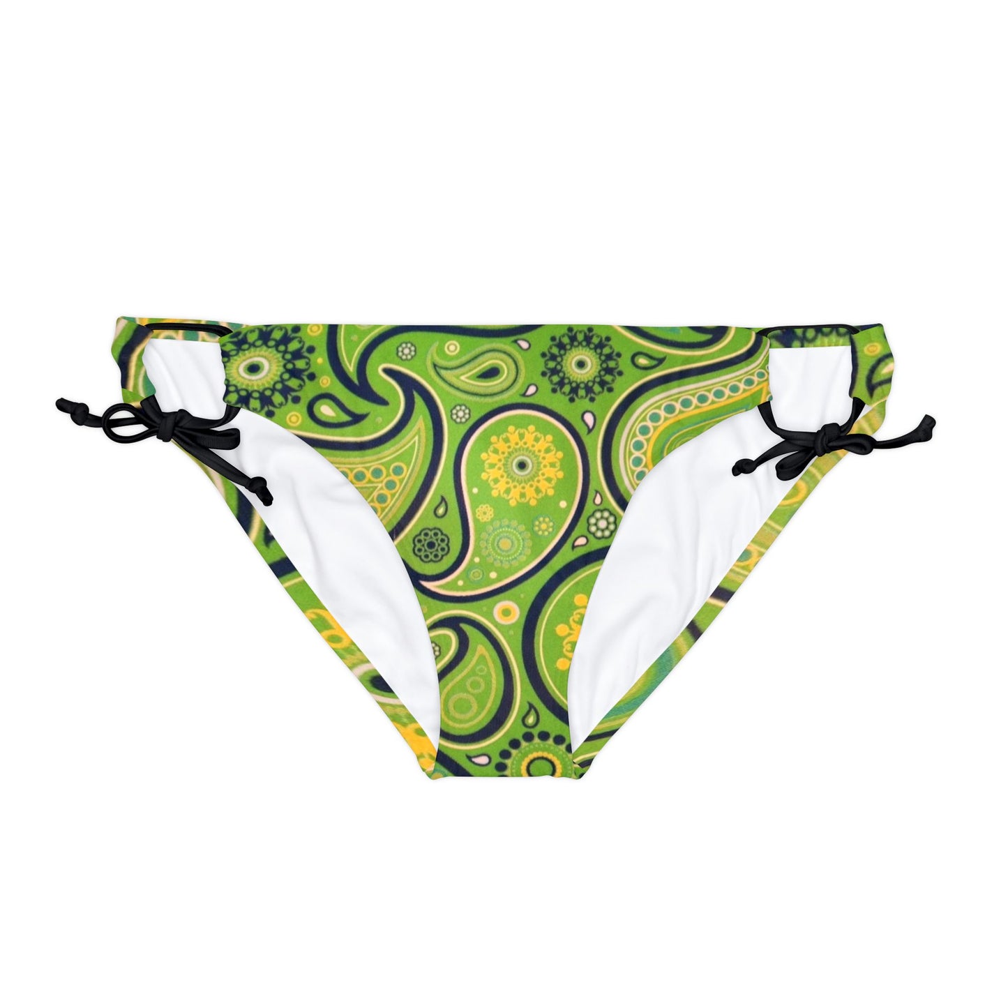 Green Yellow Black Paisley Print Loop Tie Side Bikini Bottom