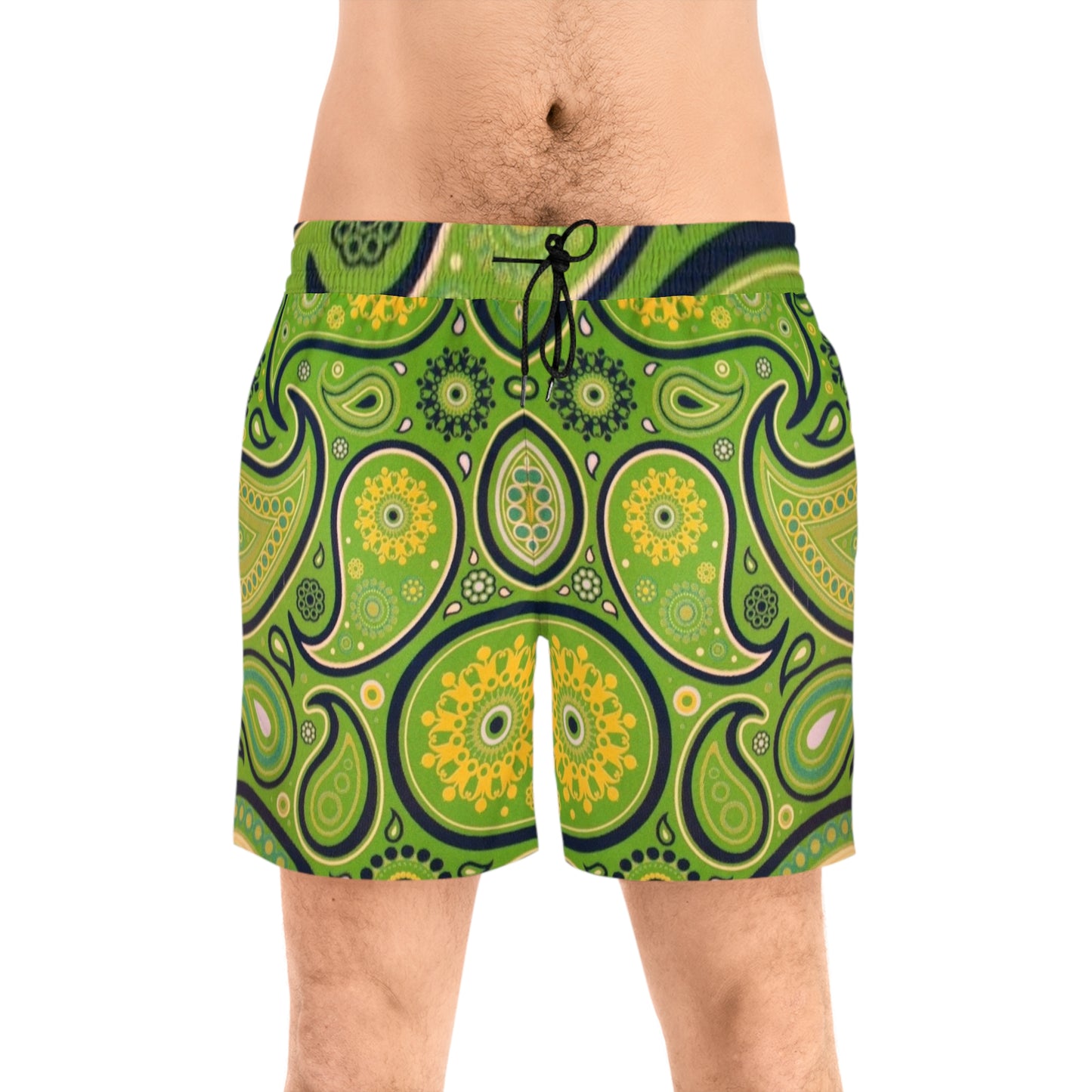 Green Yellow Black Paisley Print Swim Trunks