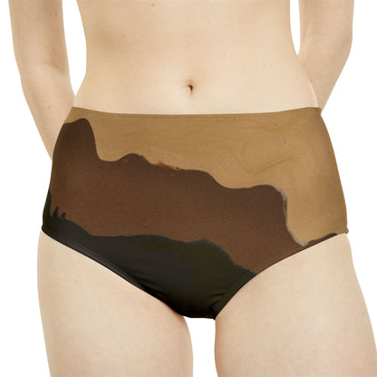 Khaki Brown Black Abstract Print High-Waist Hipster Bikini Bottom