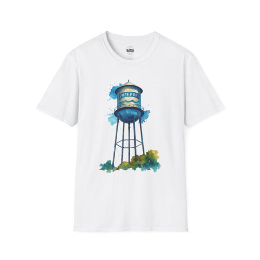 Freeport Water Tower Unisex Softstyle T-Shirt - Artsy Graphic Tee for Watercolor Lovers