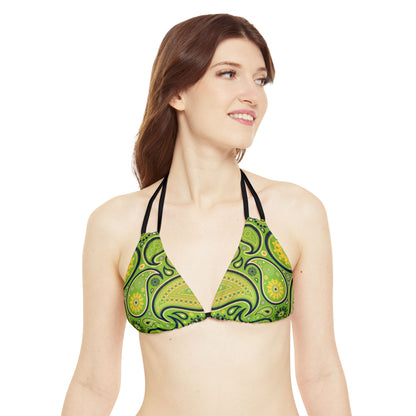 Green Yellow Black Paisley Print Strappy Triangle Bikini Top