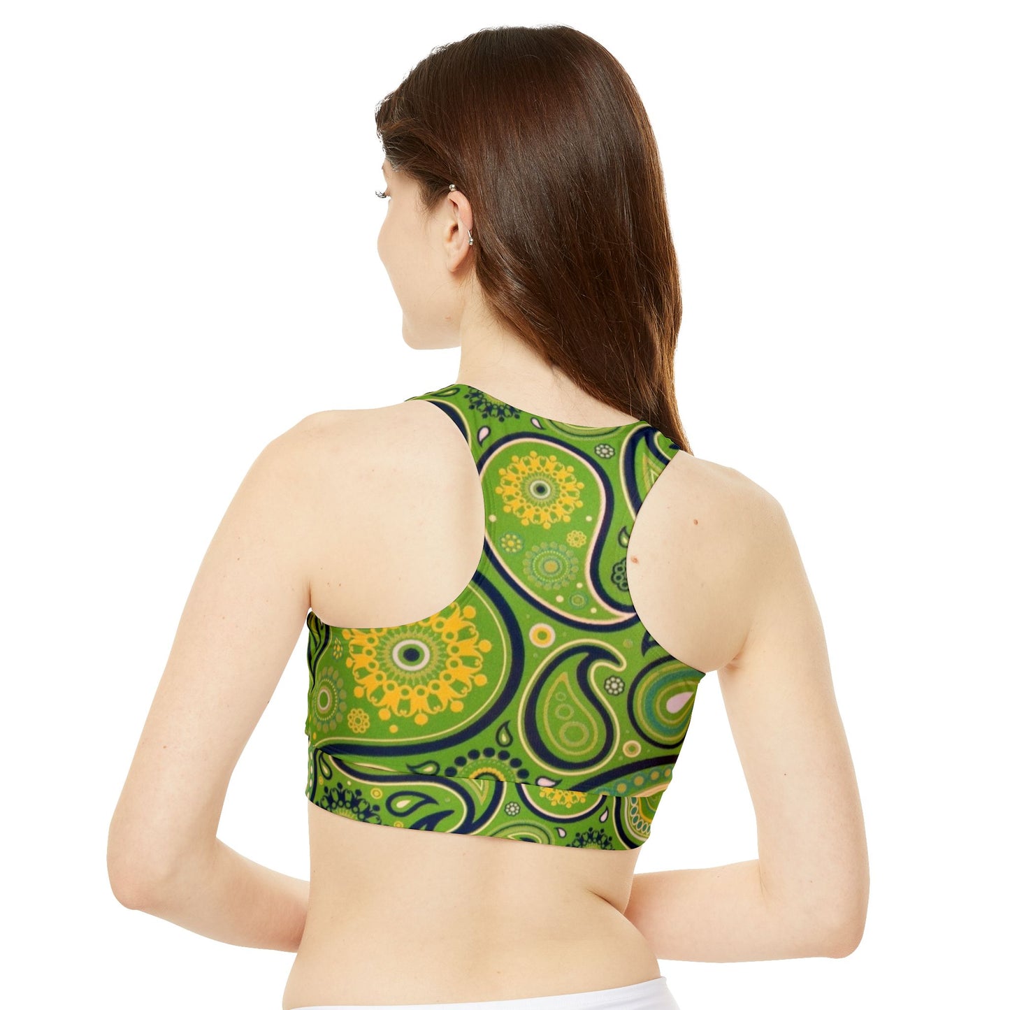 Green Yellow Black Paisley Print High Neck Crop Bikini Top