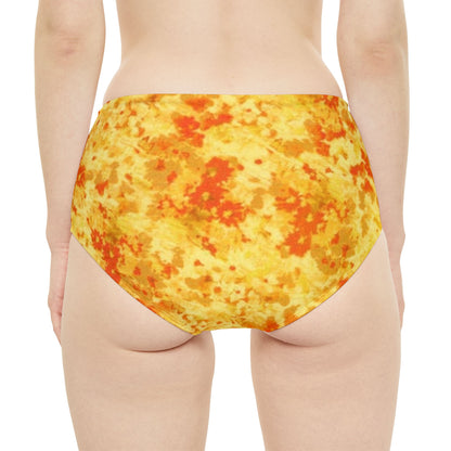 Yellow and Orange Print High-Waist Hipster Bikini Bottom